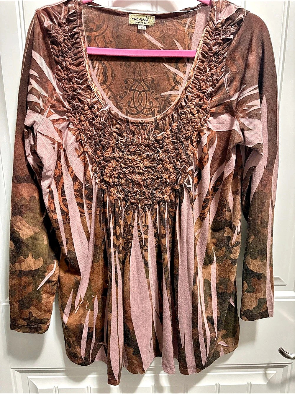 One World Live and Let Live L Boho Ruched Camo Print Tunic Top